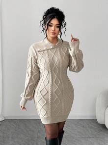 Elenzga Women's Elegant & Fashionable Long Sleeve Loose Fit Plus Size Sweater Dress, Suitable For Outings And Wedding Guests, Autumn/Winter - Apricot - View 9