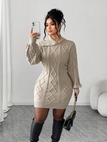 Elenzga Women's Elegant & Fashionable Long Sleeve Loose Fit Plus Size Sweater Dress, Suitable For Outings And Wedding Guests, Autumn/Winter - Apricot - View 6