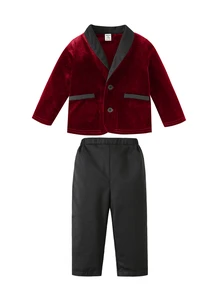 SHEIN 2pcs/Set Young Boy Green Velvet Blazer Jacket & Black Pants Outfit,Gentleman Suit For Summer,Traditional,Wedding,Christening,Pageboy,Ring Boy,Festival - Burgundy - View 3