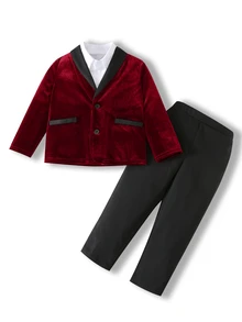 SHEIN 2pcs/Set Young Boy Green Velvet Blazer Jacket & Black Pants Outfit,Gentleman Suit For Summer,Traditional,Wedding,Christening,Pageboy,Ring Boy,Festival - Burgundy - View 8