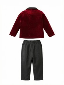 SHEIN 2pcs/Set Young Boy Green Velvet Blazer Jacket & Black Pants Outfit,Gentleman Suit For Summer,Traditional,Wedding,Christening,Pageboy,Ring Boy,Festival - Burgundy - View 2