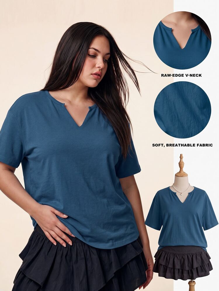 Comfortcana Plus Size Spring/Summer Clothing Snow-Wash Distressed Navy Blue Loose Short Sleeve Small V-Neck T-Shirt Cotton Fabric Vacation Home Wear Casual Baggy - Blue - View 3