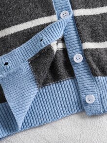 SHEIN Tween Girl Striped & Heart Pattern Contrast Trim Cardigan Autumn Winter - Dark Grey - View 7