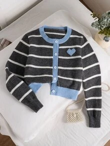 SHEIN Tween Girl Striped & Heart Pattern Contrast Trim Cardigan Autumn Winter - Dark Grey - View 9