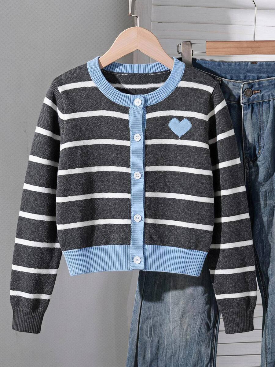 SHEIN Tween Girl Striped & Heart Pattern Contrast Trim Cardigan Autumn Winter - Dark Grey - View 1