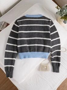SHEIN Tween Girl Striped & Heart Pattern Contrast Trim Cardigan Autumn Winter - Dark Grey - View 2