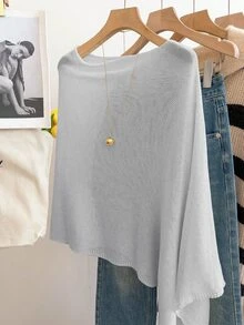 Omancia 女士休闲宽松度假风斗篷毛衣，春夏款 - 淺灰色 - 查看 5