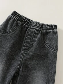 SHEIN 中性嬰兒男/女童 幼兒秋冬保暖內裡加厚黑色丹寧夾克套裝 嬰兒冬季衣著 刷毛加厚街頭風 - 黑色 - 查看 5