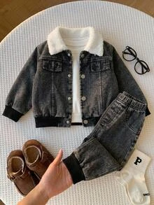 SHEIN 中性嬰兒男/女童 幼兒秋冬保暖內裡加厚黑色丹寧夾克套裝 嬰兒冬季衣著 刷毛加厚街頭風 - 黑色 - 查看 8