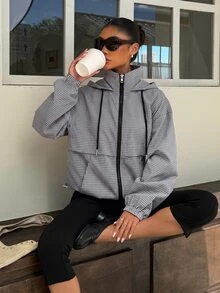 Muchica Women's Winter Outfit: Black And White Checkered Hooded Knit Zip-Up Jacket And Sweatpants (70s-Style Look) - Black and White - View 4