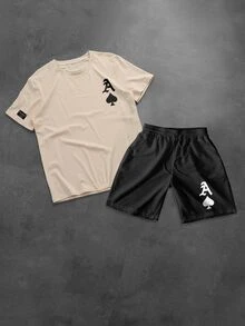 NEOREFINED 2pcs/Set Men's Playing Card Print Round Neck Short Sleeve T-Shirt And Shorts - Multicolor - View 4