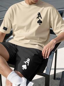 NEOREFINED 2pcs/Set Men's Playing Card Print Round Neck Short Sleeve T-Shirt And Shorts - Multicolor - View 3