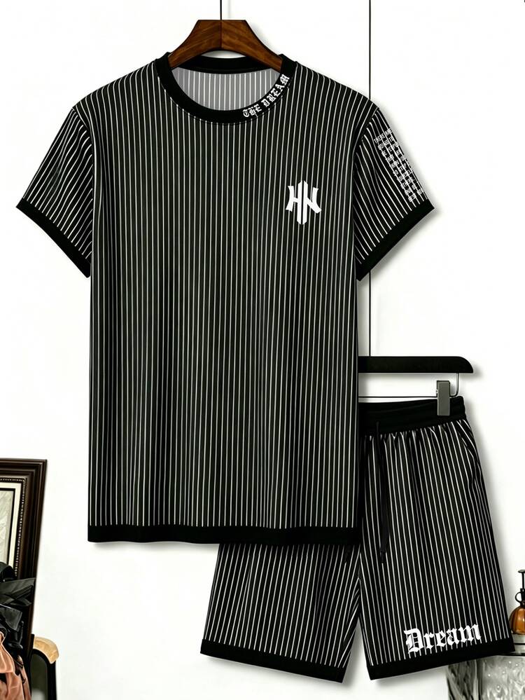 Lornexis Men's Black And White Striped 2 Pieces Set,Letter Print T-Shirt And Shorts Summer Streetwear City Break Vintage Y2K Casual Outfit Vacation Party Club - Multicolor - View 4