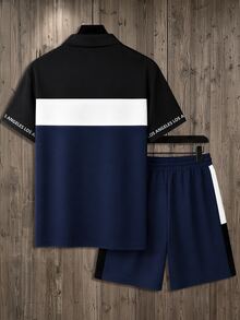 Lornexis 男士拼色拼接 Polo 衫與短褲 2 件套，極簡高級休閒套裝，適合日常穿著 - 彩色 - 查看 4