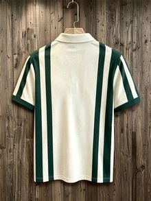 NEOREFINED 男士成熟休閒米色與綠色拼色條紋 POLO 衫，經典時尚休閒馬紋米色與綠色條紋拼色領 POLO 衫 - 彩色 - 查看 2