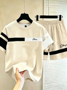 NEOREFINED Men's Striped Pattern Contrast Color Short Sleeve Crew Neck Versatile Casual T-Shirt & Shorts, Holiday - Multicolor - View 3