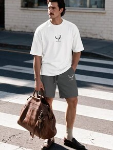 NEOREFINED Set de 2 piezas de camiseta de manga corta de cuello redondo casual y pantalones cortos con cordón para hombre - Multicolor - Ver 1