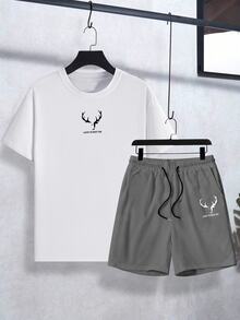 NEOREFINED Set de 2 piezas de camiseta de manga corta de cuello redondo casual y pantalones cortos con cordón para hombre - Multicolor - Ver 2