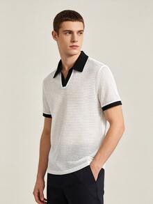 NEOREFINED Men's V-Neck Contrast Color Casual Polo Shirt - White - View 3