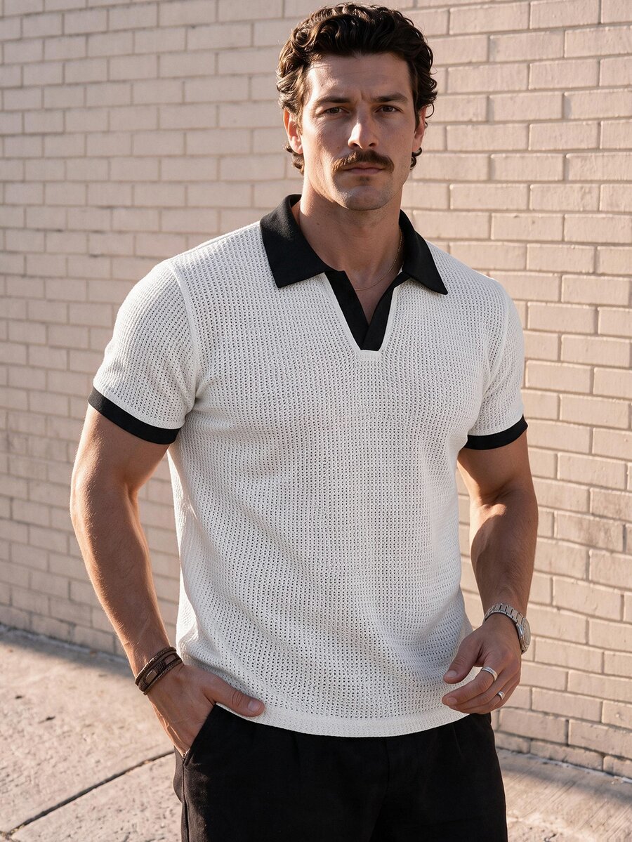 NEOREFINED Men's V-Neck Contrast Color Casual Polo Shirt - White - View 1