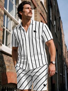 NEOREFINED Men's Striped Button-Down Shirt & Shorts Set, Lightweight Vacation Style, Ideal For Cruise, Hangout, Gathering & Daily Wear, Suitable For Men, Holiday - Multicolor - View 1