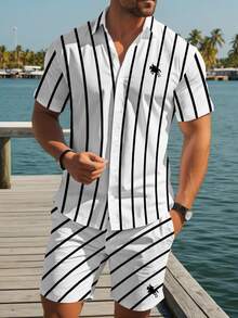 NEOREFINED Men's Striped Button-Down Shirt & Shorts Set, Lightweight Vacation Style, Ideal For Cruise, Hangout, Gathering & Daily Wear, Suitable For Men, Holiday - Multicolor - View 3