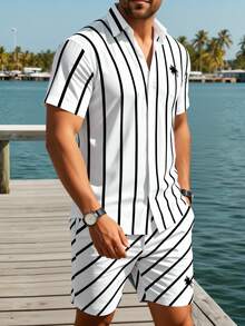 NEOREFINED Men's Striped Button-Down Shirt & Shorts Set, Lightweight Vacation Style, Ideal For Cruise, Hangout, Gathering & Daily Wear, Suitable For Men, Holiday - Multicolor - View 5