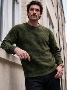 NEOREFINED Men's Casual Ribbed Crew Neck Long Sleeve Sweater, Fall/Winter - Green - View 1
