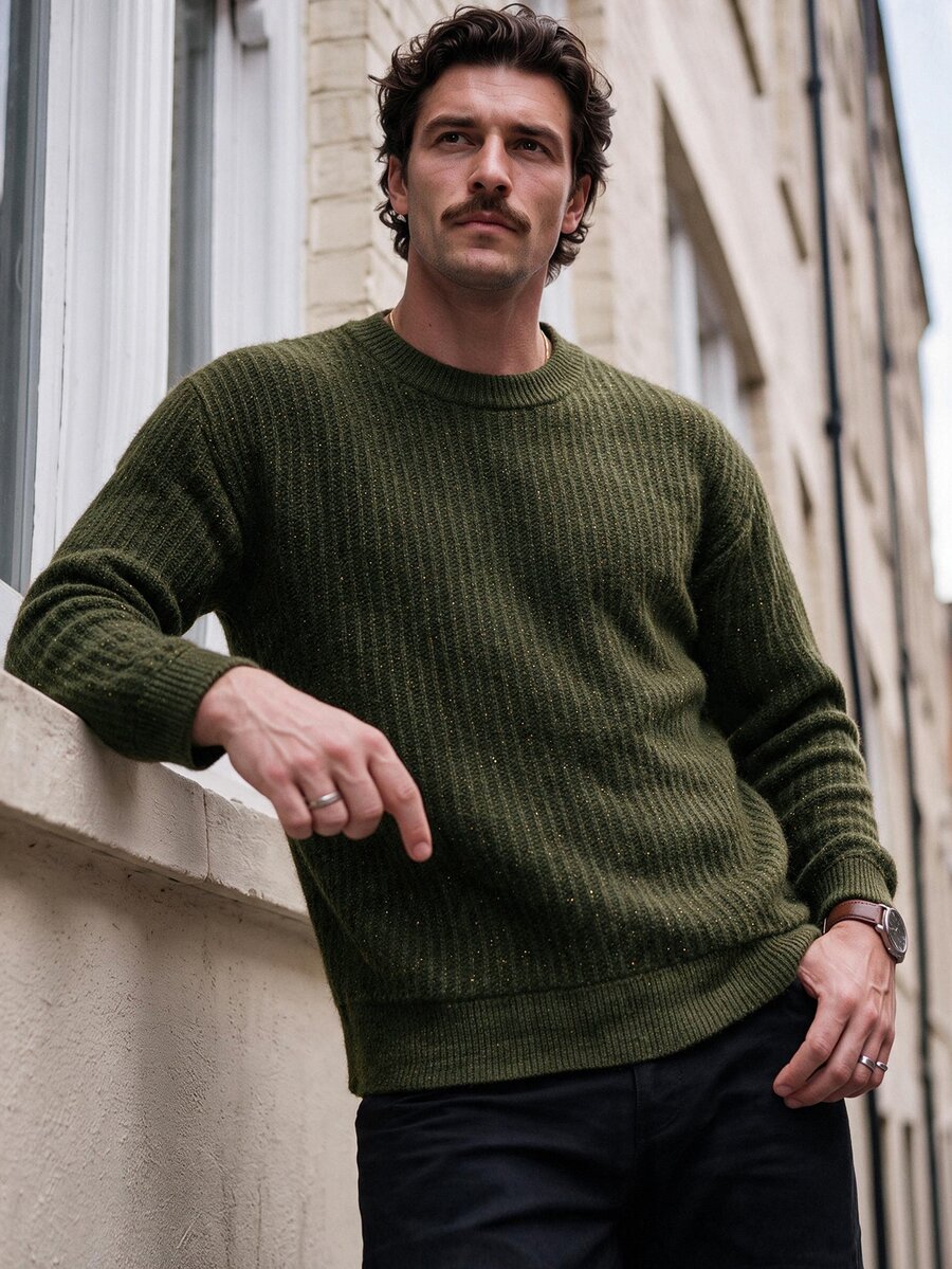 NEOREFINED Men's Casual Ribbed Crew Neck Long Sleeve Sweater, Fall/Winter - Green - View 1