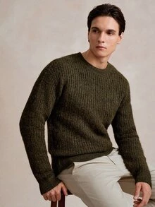 NEOREFINED Men's Casual Ribbed Crew Neck Long Sleeve Sweater, Fall/Winter - Green - View 7