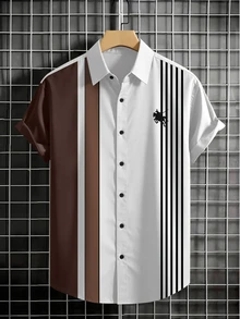 NEOREFINED Kemeja Pria Kasual Sehari-hari Motif Garis Hitam Putih Kontras Lengan Pendek Kancing Depan, Musim Panas - MultiWarna - View 2