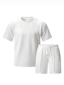 NEOREFINED Men's Textured 2-Piece Set, Comfortable Jacquard Fabric, Crew Neck T-Shirt Paired With Elastic Waist Drawstring Shorts, Suitable For Casual Vacation - White - View 5