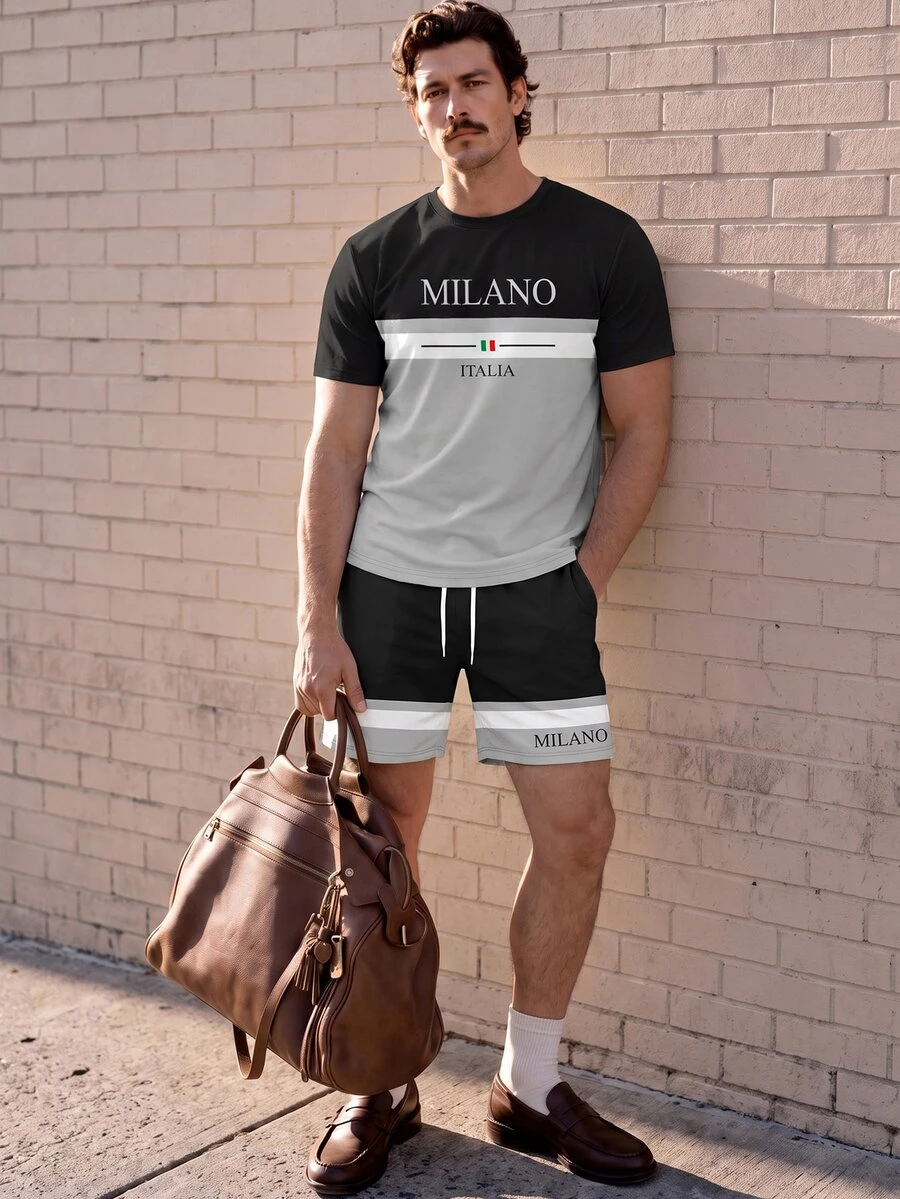 Lornexis Men's Casual Colorblock Short Sleeve T-Shirt And Shorts Set, Summer - Multicolor - View 1