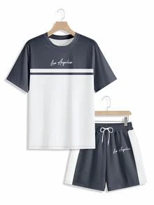 NEOREFINED 男士撞色字母印花 T 恤和短裤两件套 - 彩色 - 查看 4