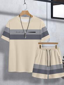 NEOREFINED Set Kaos Kasual Leher Bulat Bergaris Ombre Terinspirasi Paris untuk Pria - MultiWarna - View 4