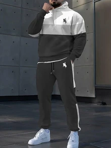 NEOREFINED 男士休闲撞色拼布连帽衫和运动裤套装，秋冬 - 彩色 - 查看 3