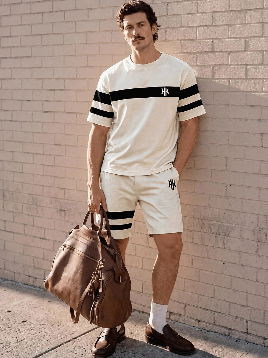 NEOREFINED Men's Letter Print Patchwork Short Sleeve T-Shirt And Shorts Casual Daily Suit, Holiday - Black - View 1