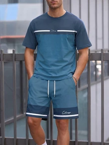 NEOREFINED Men's Colorblock Patchwork T-Shirt And Shorts Set, Holiday - Multicolor - View 3