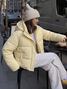 SHEIN Tween Girl Light Cream Yellow Hooded Short Padded Coat, Loose Drop Shoulder Long Sleeve Fit, Snap Button Placket With Inner Zipper Closure, Easy To Put - Yellow - View 3
