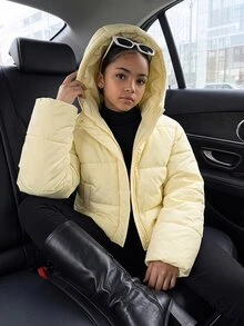 SHEIN Tween Girl Light Cream Yellow Hooded Short Padded Coat, Loose Drop Shoulder Long Sleeve Fit, Snap Button Placket With Inner Zipper Closure, Easy To Put - Yellow - View 7