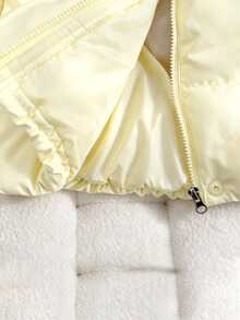 SHEIN Tween Girl Light Cream Yellow Hooded Short Padded Coat, Loose Drop Shoulder Long Sleeve Fit, Snap Button Placket With Inner Zipper Closure, Easy To Put - Yellow - View 8