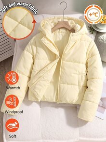 SHEIN Tween Girl Light Cream Yellow Hooded Short Padded Coat, Loose Drop Shoulder Long Sleeve Fit, Snap Button Placket With Inner Zipper Closure, Easy To Put - Yellow - View 6