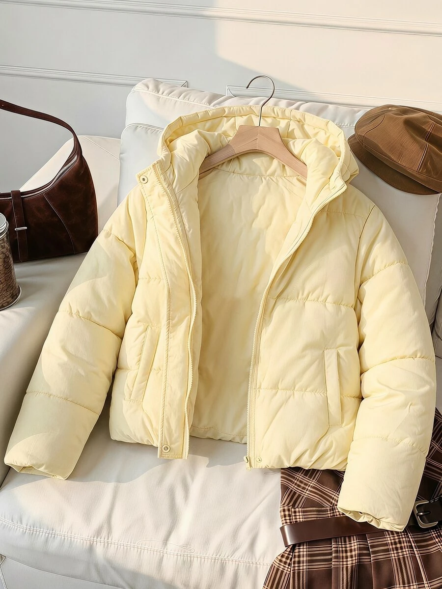 SHEIN Tween Girl Light Cream Yellow Hooded Short Padded Coat, Loose Drop Shoulder Long Sleeve Fit, Snap Button Placket With Inner Zipper Closure, Easy To Put - Yellow - View 1