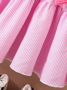 SHEIN 女童夏季新款珍珠裝飾蕾絲網紗無袖圓領公主風澎澎裙 - 杏色 - 查看 6