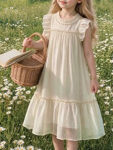 SHEIN 女童夏季新款珍珠裝飾蕾絲網紗無袖圓領公主風澎澎裙 - 杏色 - 查看 2