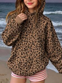 Tween Girl Vintage American Kids Style Leopard Print, Tween Girl Casual Oversized Long Sleeve Autumn Sweatshirt - White - View 4