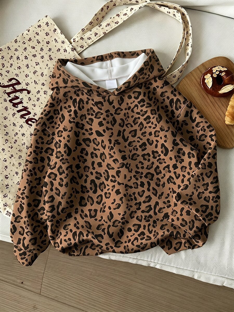 Tween Girl Vintage American Kids Style Leopard Print, Tween Girl Casual Oversized Long Sleeve Autumn Sweatshirt - White - View 1