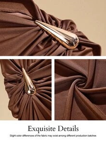 KIORVELLA Plus Size Women's Elegant Solid Color Metal Decoration Slim Fit Autumn And Winter Dress, Suitable For Daily Commuting, Shopping, Parties, Gatherings - Coffee Brown - View 9