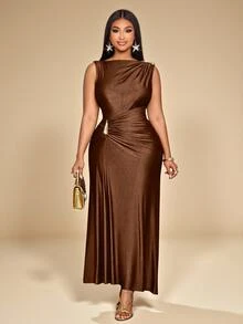 KIORVELLA Plus Size Women's Elegant Solid Color Metal Decoration Slim Fit Autumn And Winter Dress, Suitable For Daily Commuting, Shopping, Parties, Gatherings - Coffee Brown - View 4