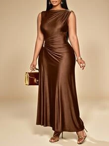 KIORVELLA Plus Size Women's Elegant Solid Color Metal Decoration Slim Fit Autumn And Winter Dress, Suitable For Daily Commuting, Shopping, Parties, Gatherings - Coffee Brown - View 8